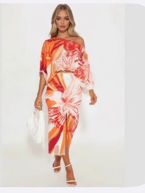Fashion Nova Orange and Pink Floral Midi Skirt